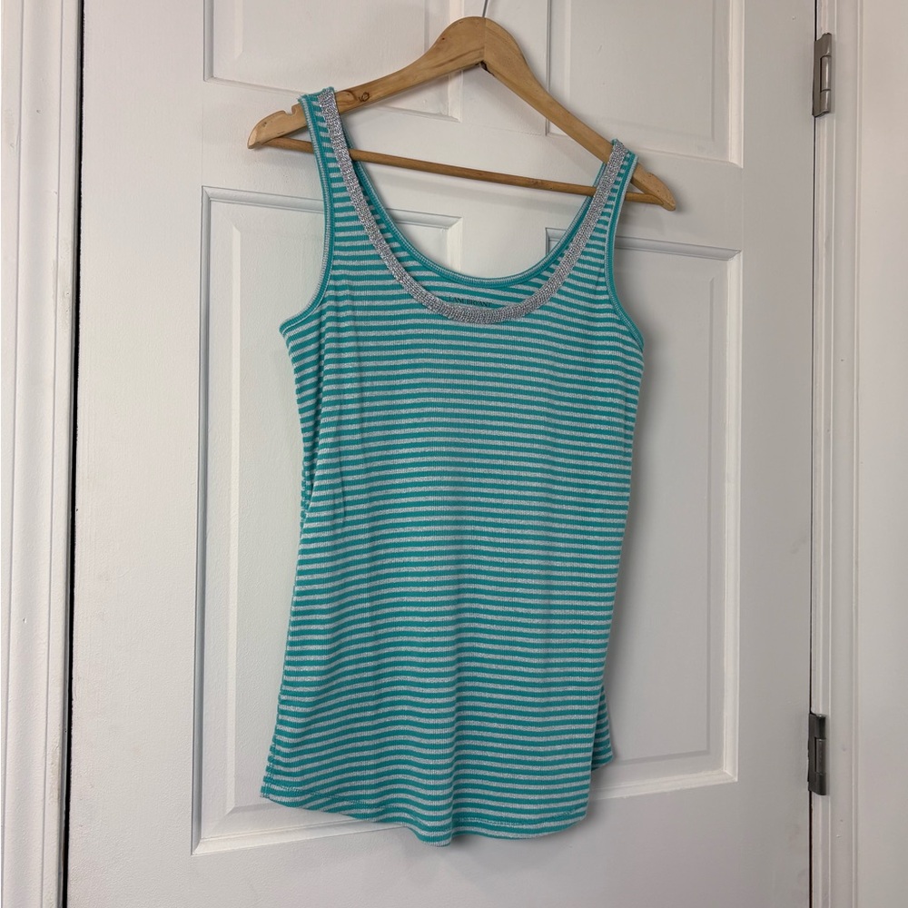 Lane Bryant‎ Striped Ribbed Tank Top Glitter Scoop Neck Stretch Teal/Silver Glam